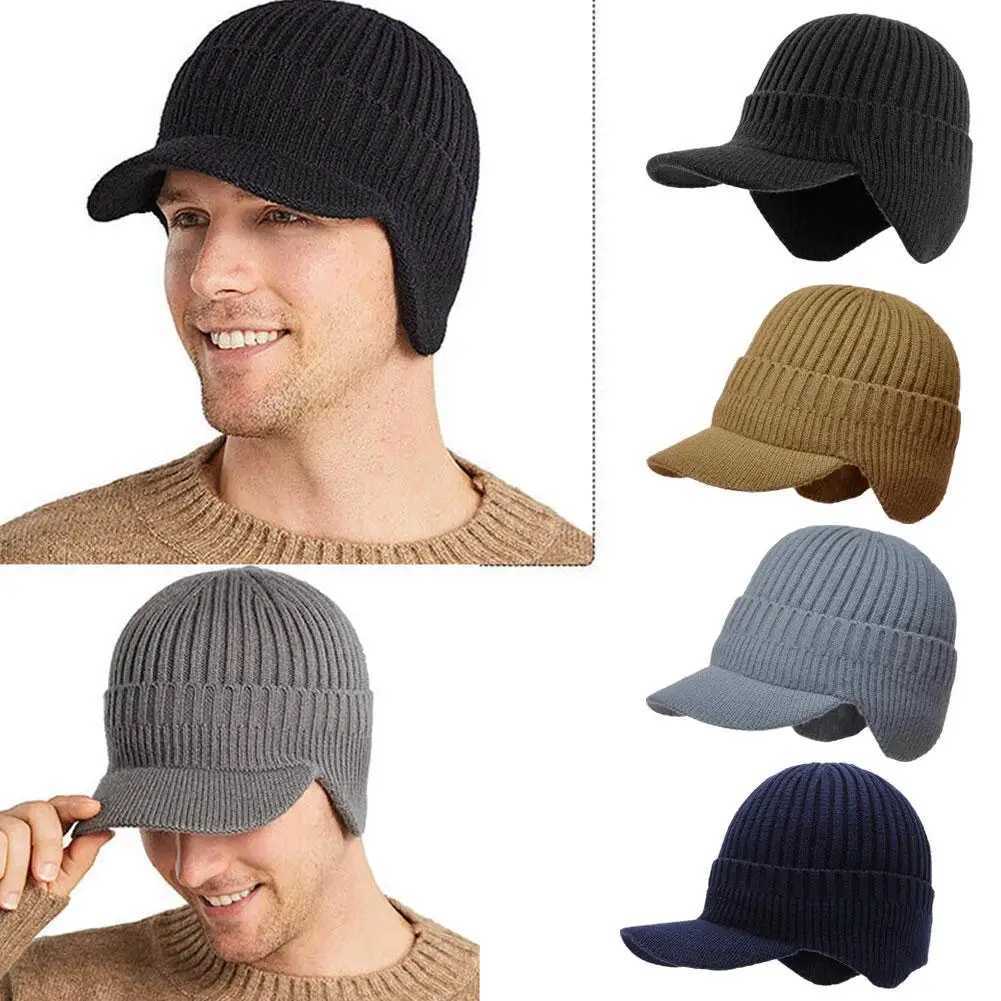 Mens Winter Knitted Hat Outdoor Bicycle Ear Protection Warm Peaked Hat Casual Fashion Sunhat Bomber Skulls Beanies 55-60CM W241225