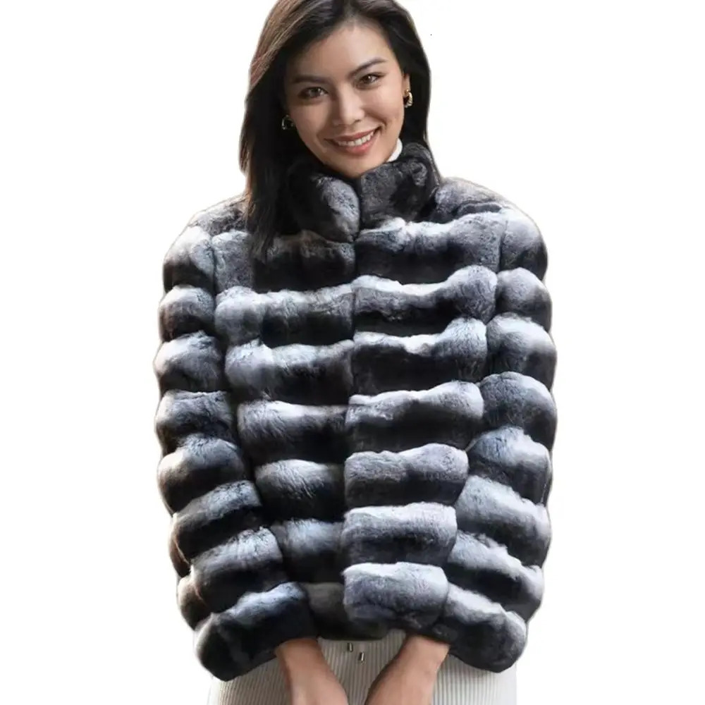 2024 womens Chinchilla striped jacket Real Rex Rabbit fur allinone coat length 60cm package mail winter thic 241225