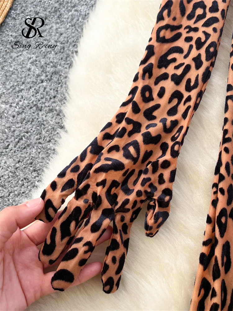 SINGREINY Fashion Leopard Print Sexy Jumpsuits Ladies Stand Collar Long Gloves Korean Streetwear Sheath Flocking Playsuits 241225