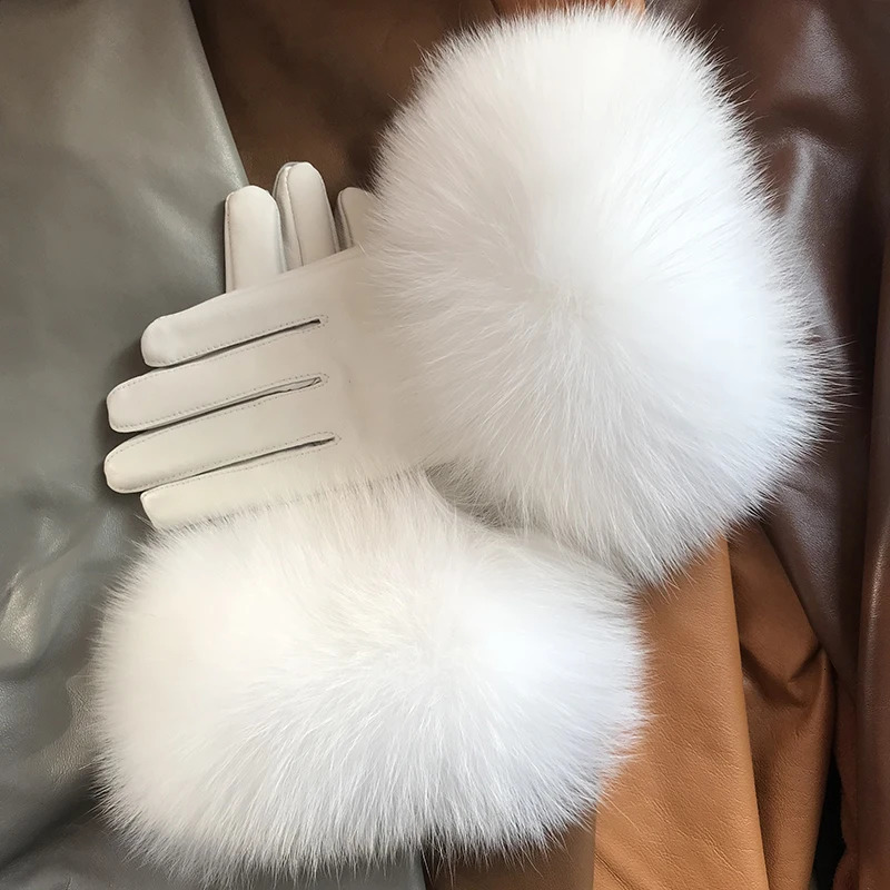 Real Sheepskin Fox Fur Gloves Womens Genuine Leather Glove Winter Warm Fashion Style Natural Fluffy Fox Fur Oversized Customize 241225