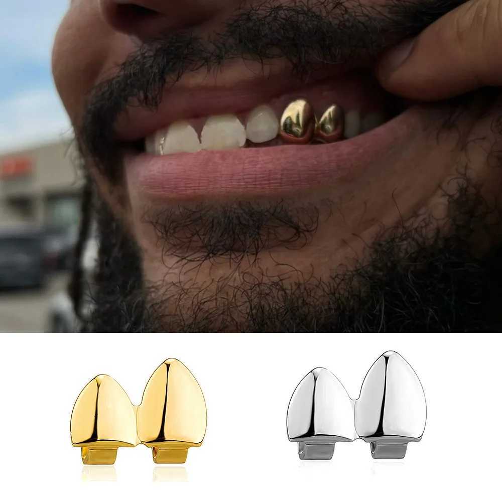 YOUNGX Double Fangs Teeth Grills Hip Hop Gold Silver Color Two Tooth Cs For Women Men Jewelry Halloween GiftXJ241225