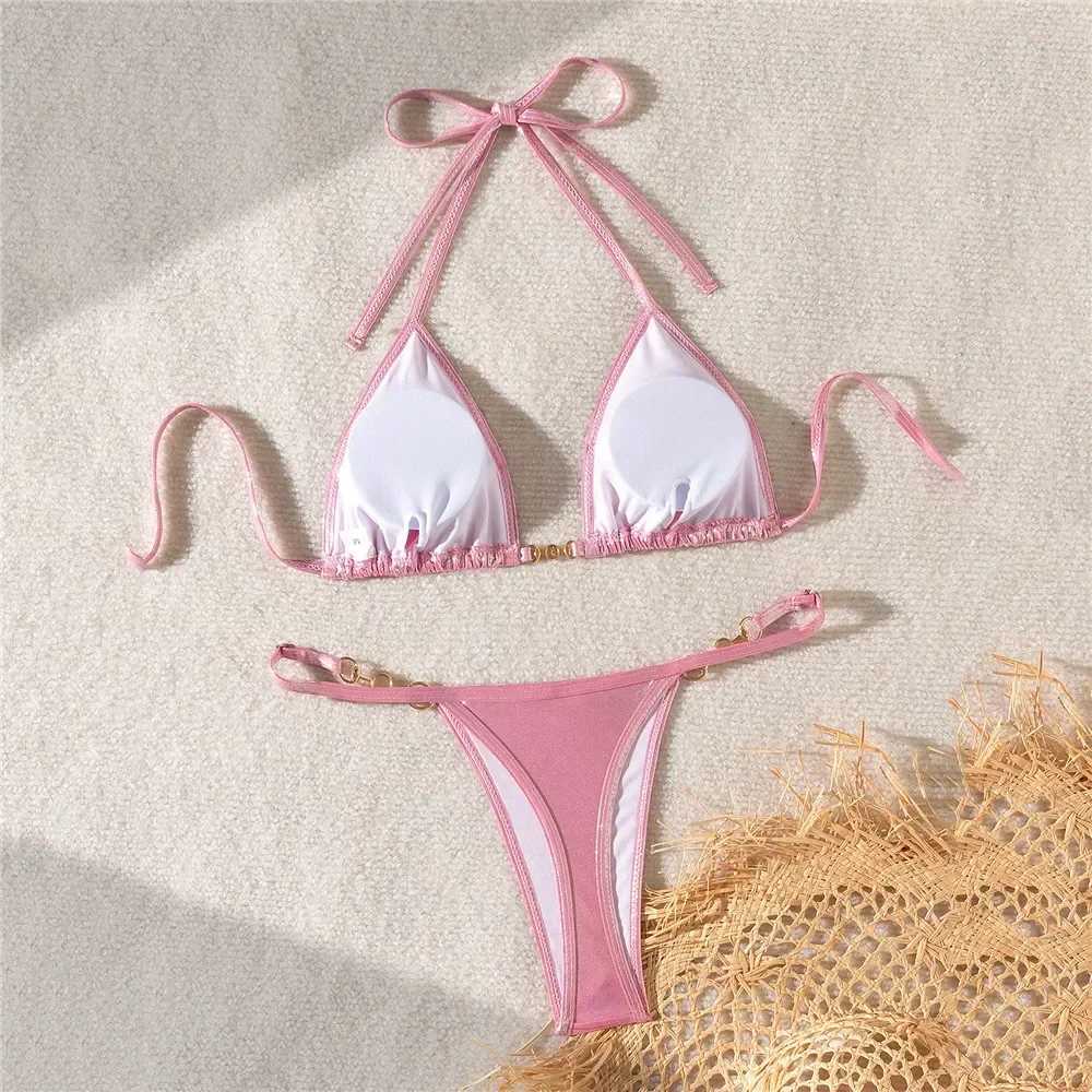 Sexy pink shiny swimsuit suspender mini thong bikini set flawless triangle swimsuit womens 2024 bead mini swimsuitW241225