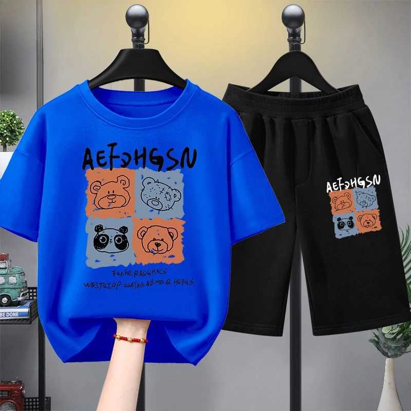 Clothing Sets Summer boys clothing set childrens and girls fashionable bear print T-shirt and shorts 2-piece set childrens casual topY241225703A