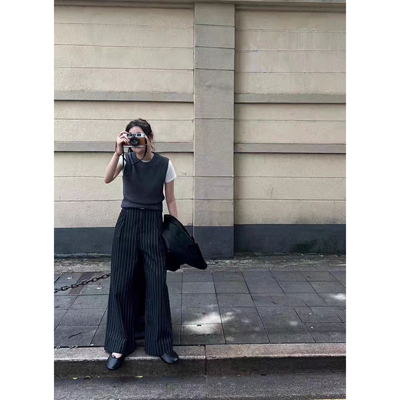2024 Autumn New Korean Vintage Lady Black Striped Wide Leg Pant For Women High Waist Y2k Straight Loose Female Clothing Fashion