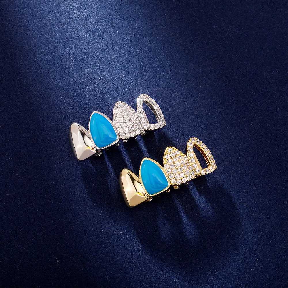 RACHELZ Hip Hop 4 Blue Color Tooth Cs Decor For Men Women Trend Hollow CZ Zircon Teeth Grillz Dental Grills JewelryXJ241225