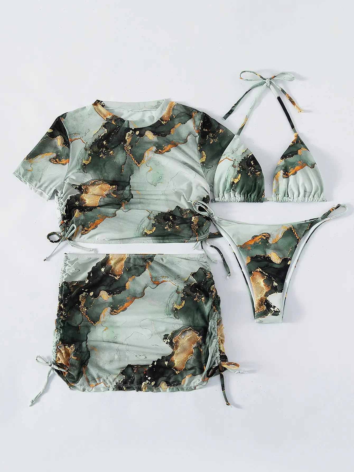 4 pieces of camisole bikini swimsuits marble print covering 2024 swimsuits womens beachwear shower swimsuits summer womens swimsuitsW241225