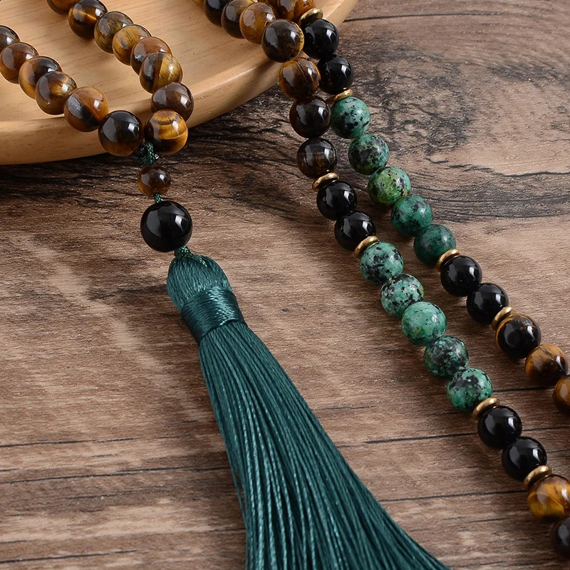 8mm yellow tiger eye Turquesa African black agate Japamala set meditation yoga spiritual jewelry 108 Mala bead tassel necklace 241223CJ
