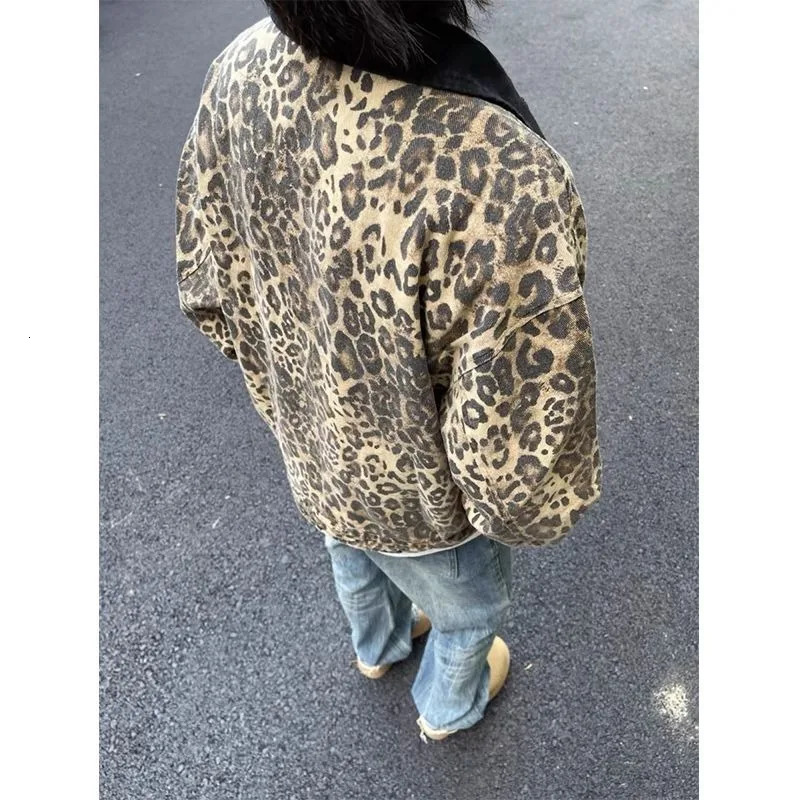 American leopard print handsome high street hip-hop zipper denim jackets women Y2K autumn winter trendy aesthetic couple jackets 241223