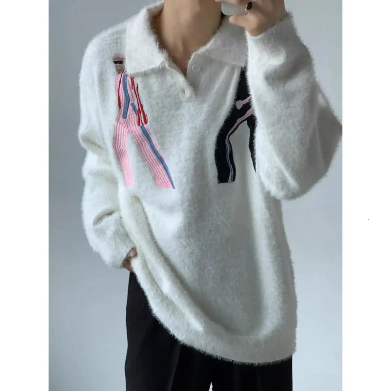 Lapel n jumper embroidered mink down sweater men winter comfortable loose y2k tight knit school style top 241225