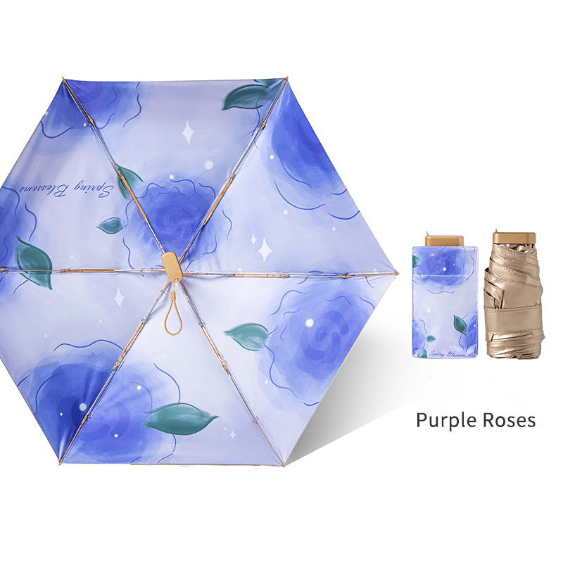 Custom Six-Fold Oil Painting Umbrella with Titanium Gold UV Protection for Women - Portable Folding Pocket Sunshade