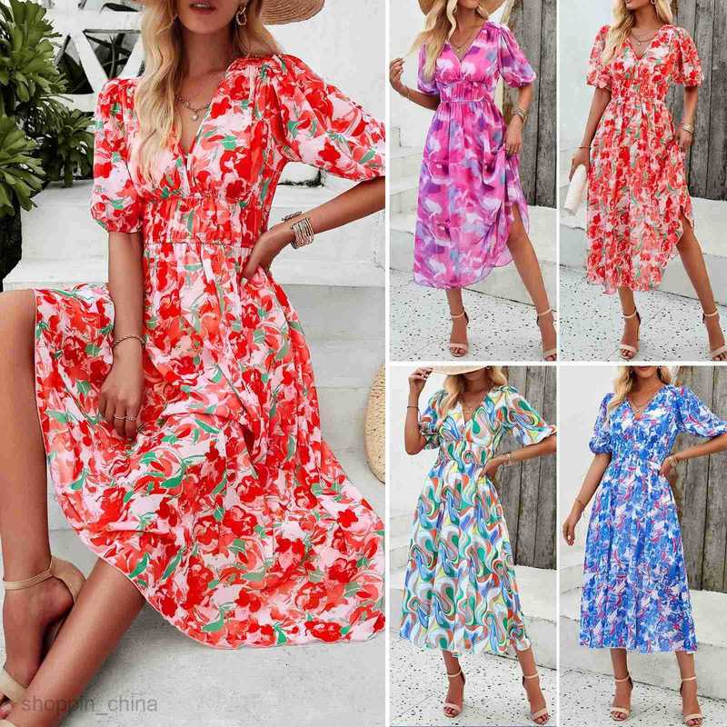 dresses for woman dress women's spring/summer vacation casual print waist cinched V-neck short sleeved long skirt