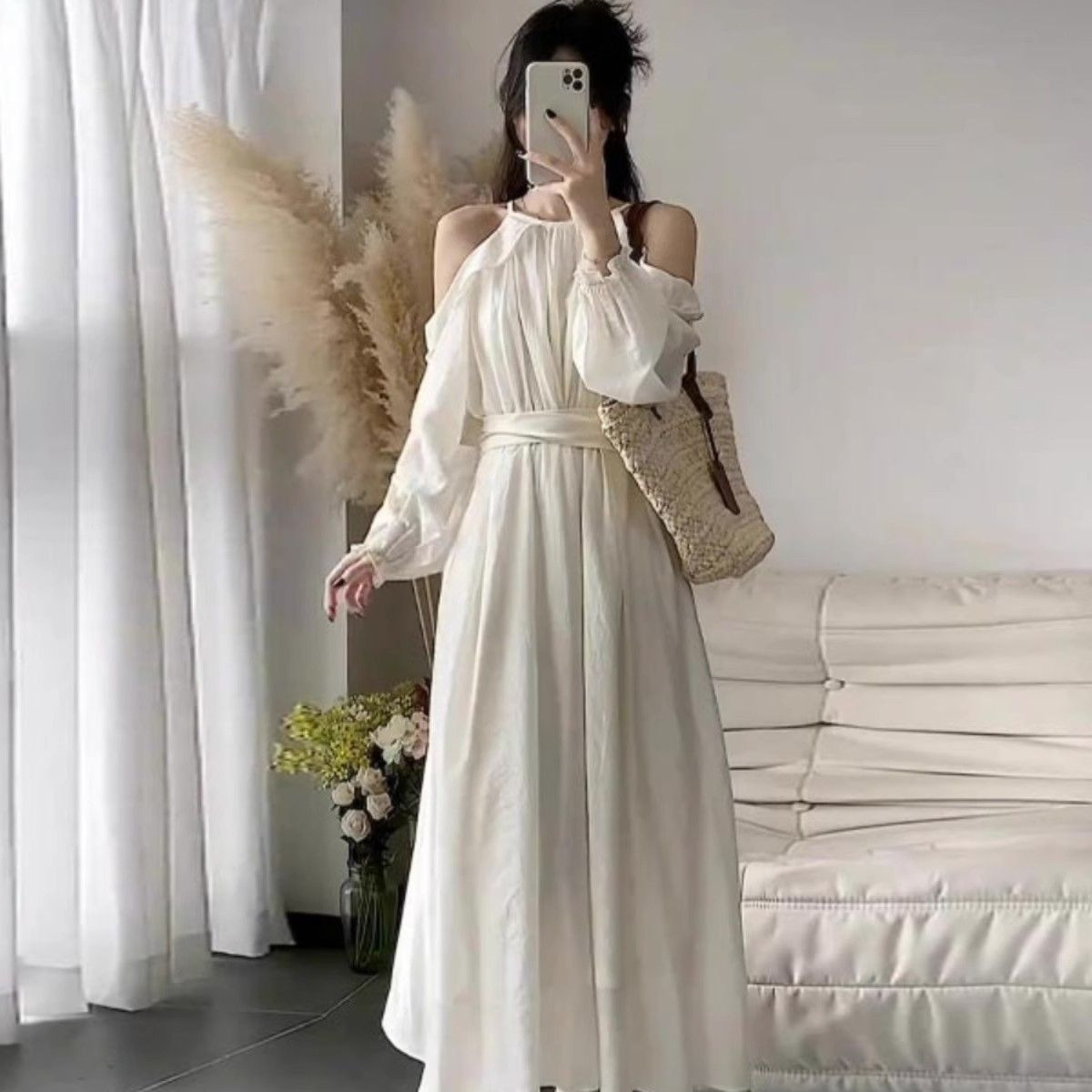 F0994 French gentle style white high collar dress fairy autumn and winter temperament high-end birthday long skirt female Korean version