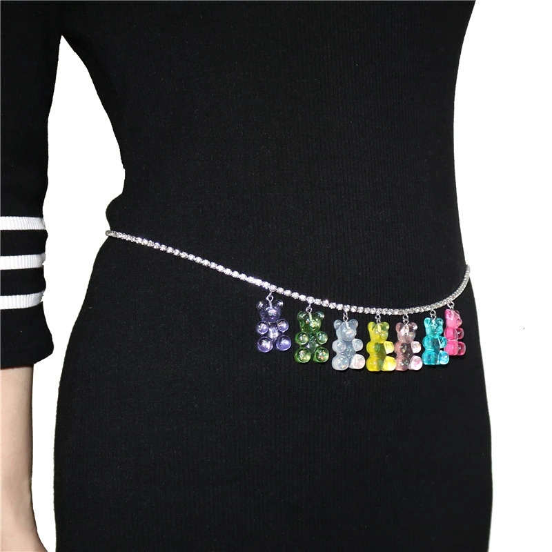Y2K Punk Hip Hop Gummy Bear Rhinestone Chain Women Girls Waist Pants Chain Jeans Long Crystal Keychain Jewelry Harajuku 241225