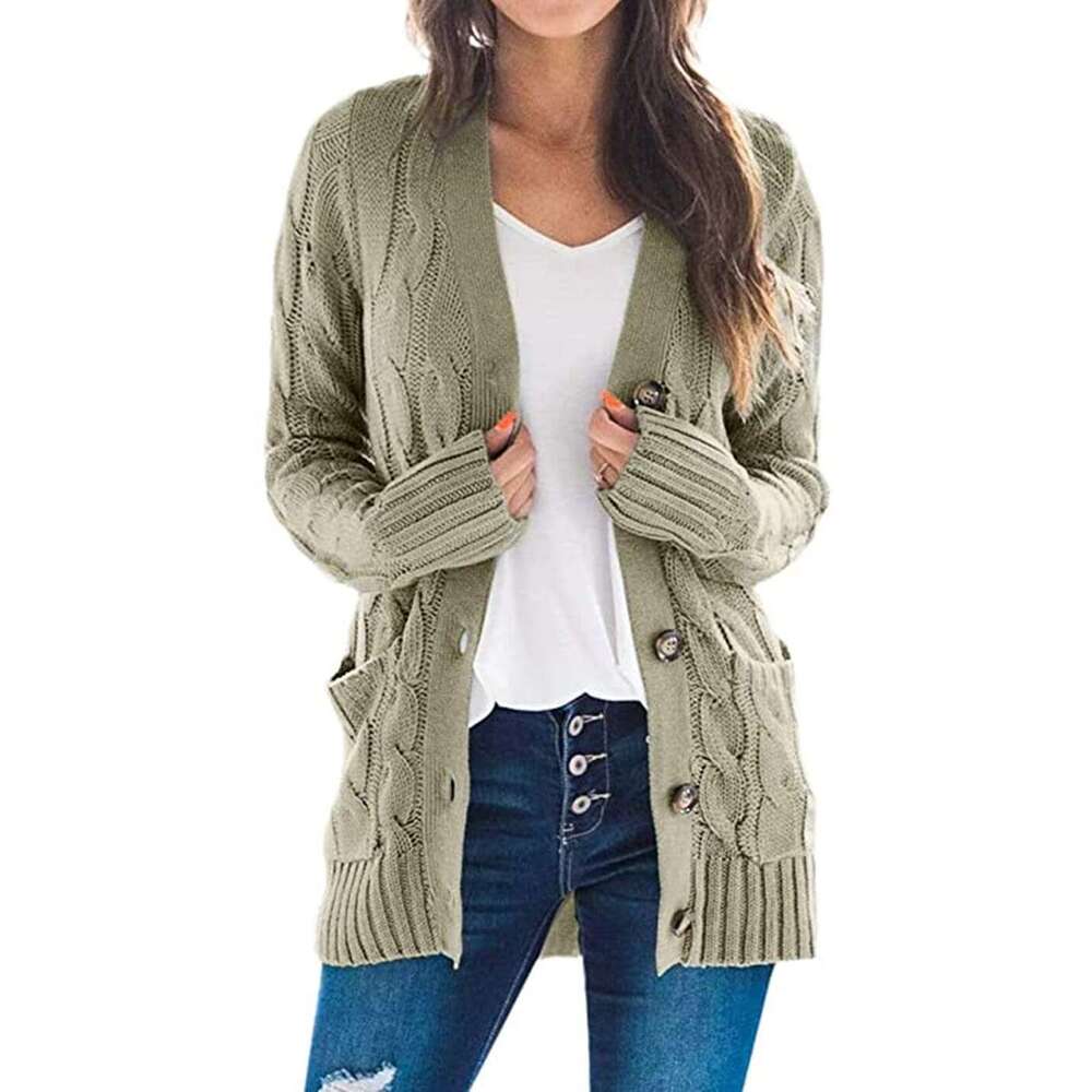 Autumn Winter New Cardigan Women's European And American Foreign Trade V-Neck Single Breasted Long Sleeved Knitted Sweater Jacket