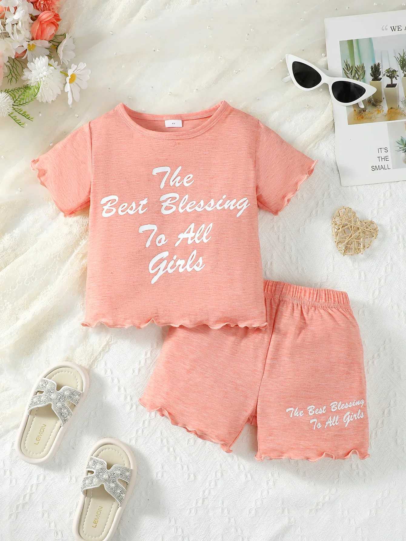 Clothing Sets 2PCS Child Girl Daily Clothes Set Letter Print Pink Short Sleeveless Top+Shorts Fashion Casual Home Suit Kids Girl 4-6 YearsY241225F7C1