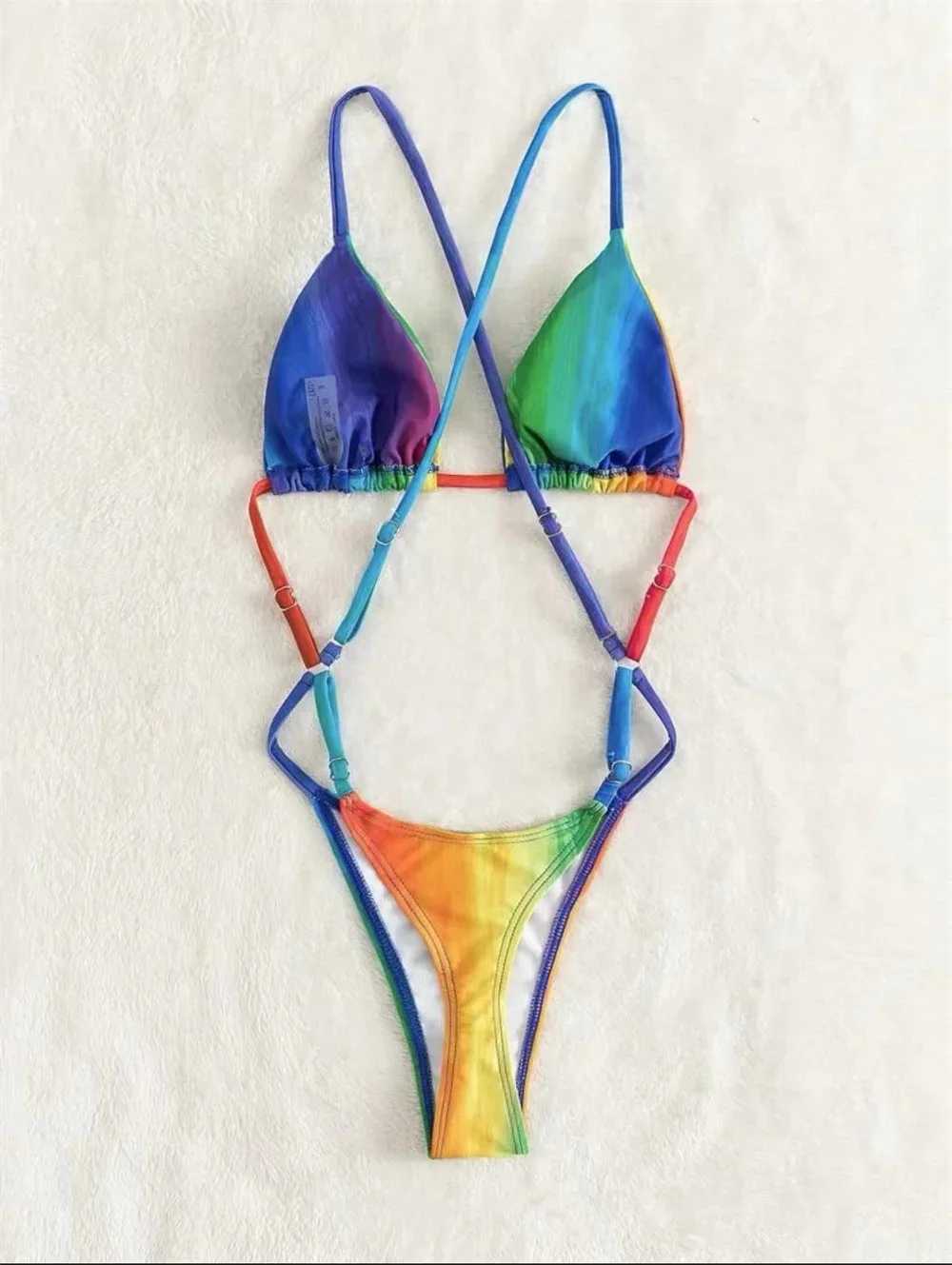 Rainbow print bikini gradient Micro Monokini swimsuit cross bead backless womens vacation swimsuit one-piece beach swimsuitW241225