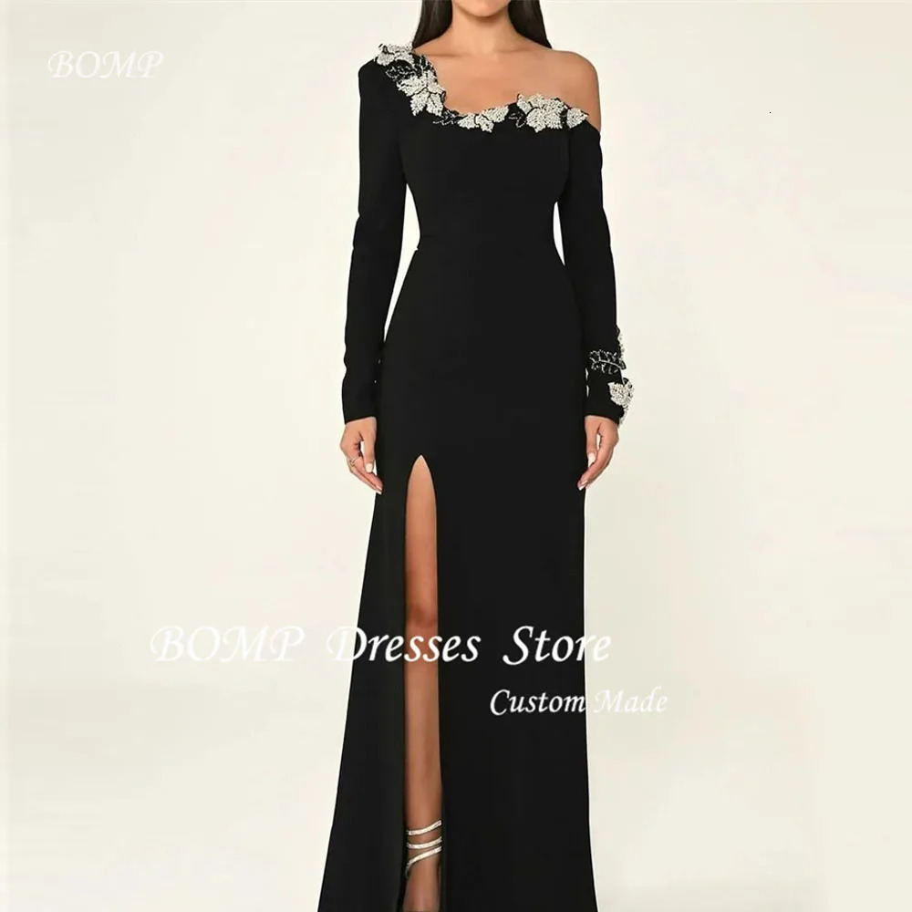 BOMP Black Formal Evening Dresses Long Sleeves Applique Side Split Soft Satin Prom Gowns Dubai Arabic Women Vestidos Customized 241223