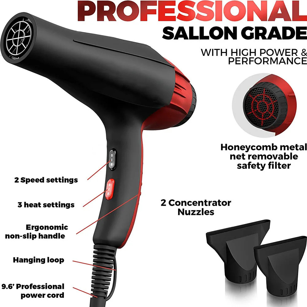 Professional Ionic Salon Hair Dryer 2200W Powerful AC Motor Ion Blow Dryer Quiet Hairdryers with 2 Concentrator Nozzle Black/Red 241225