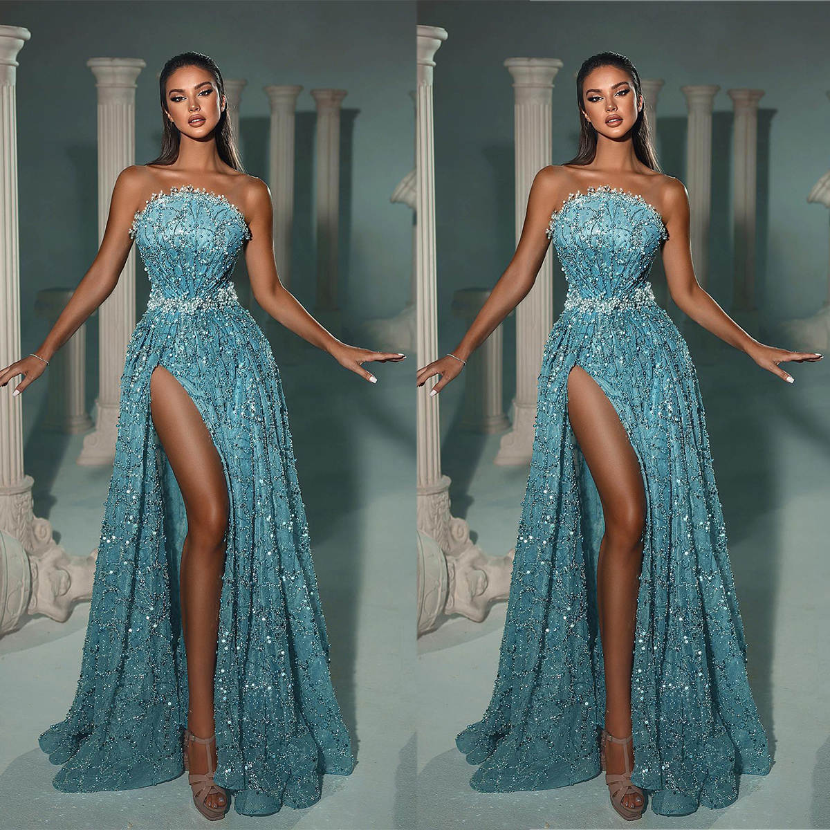 New Fashion Gorgeous Evening Party Dresses Prom Strapless Sleeveless Appliques Beading Sequined Formal Dress Customized Party Vestido De Noite