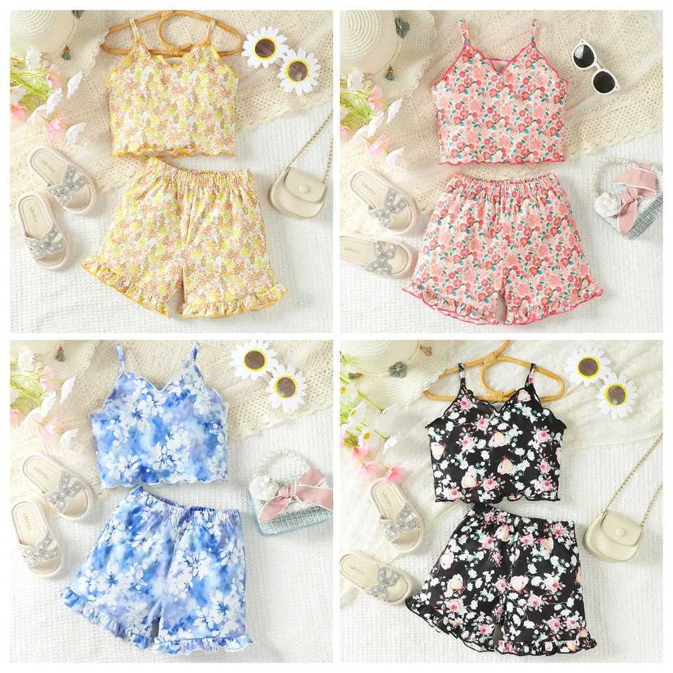 Clothing Sets 2PCS Summer Kid Girls Lovely Clothes Set Floral Sling Top with Shorts Fresh Pastoral Daily Casual Costume Childre Girl 4-7 YearsY241225E