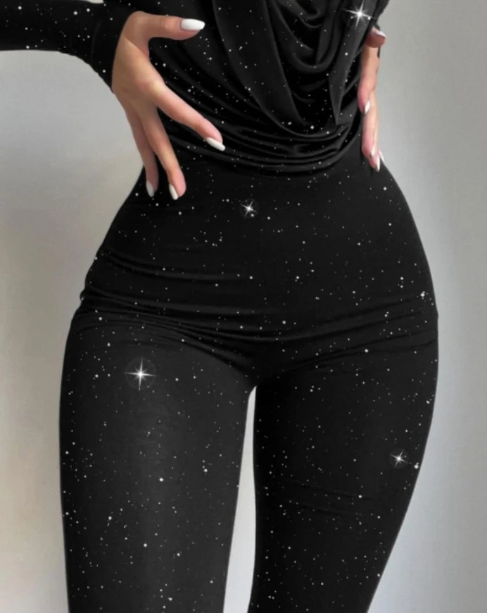 Jumpsuit Women Autumn Fashion Glitter Cowl Neck Long Sleeve Jumpsuit Sexy Waist Slim Fit Plain Daily Long Rompers 241224