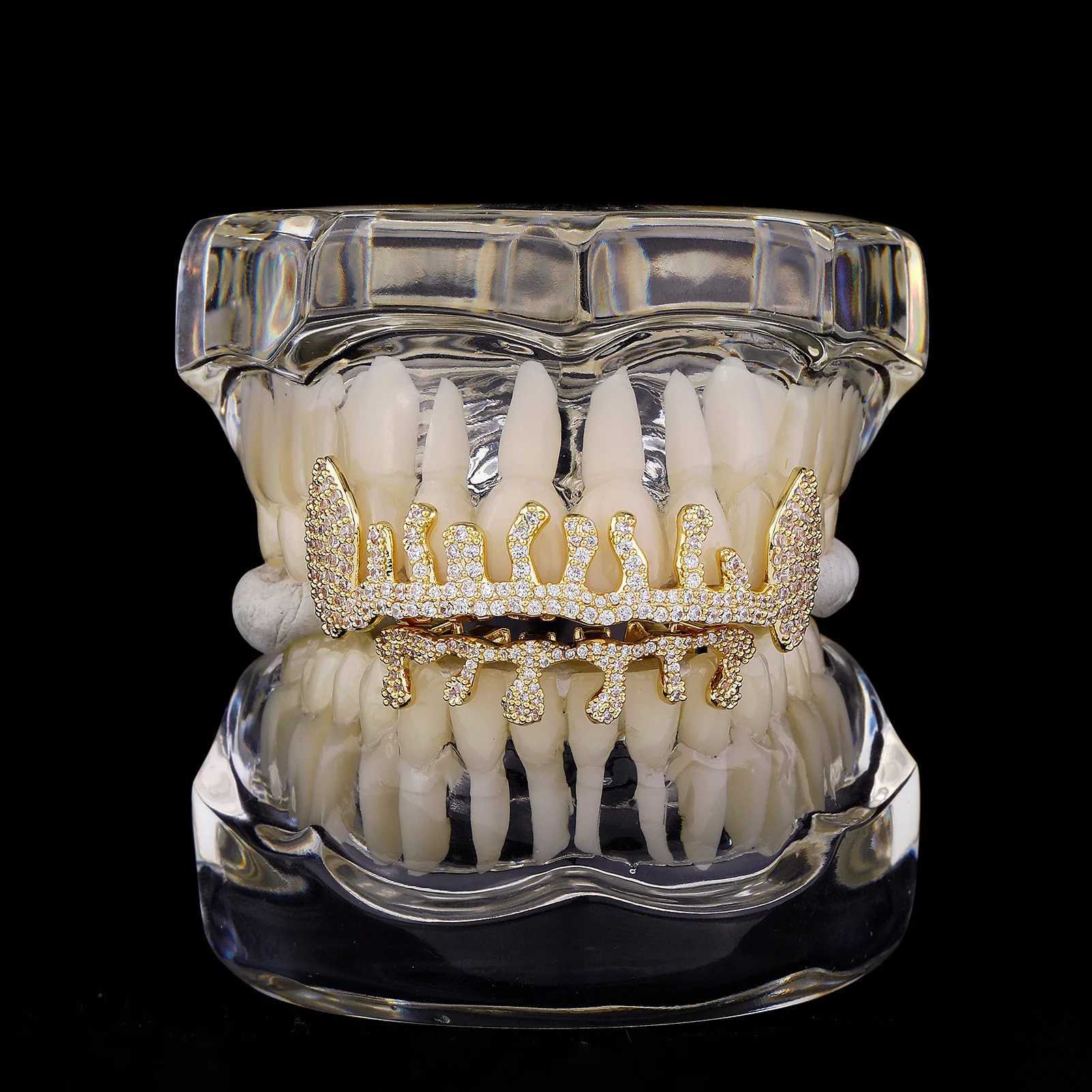 RACHELZ 2024 Hip Hop Water Drop Flame Zircon Teeth Grillz 14K Gold Plated CZ Stone Tooth Cs For Women Men JewelryXJ241225