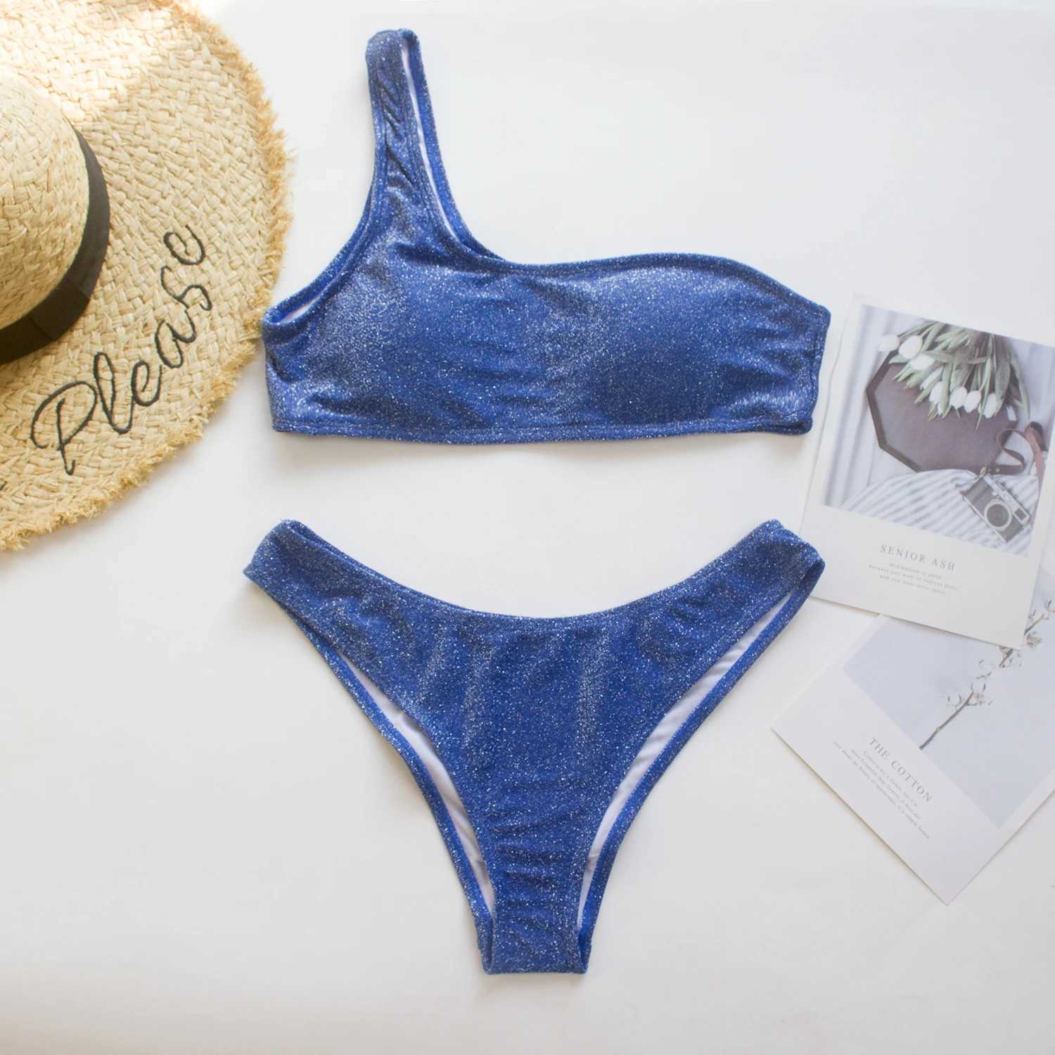 Sexy womens high waisted bikini set one shoulder sparkling womens 2-piece swimsuit swimsuit womens sparkling vacation beach suitW241225