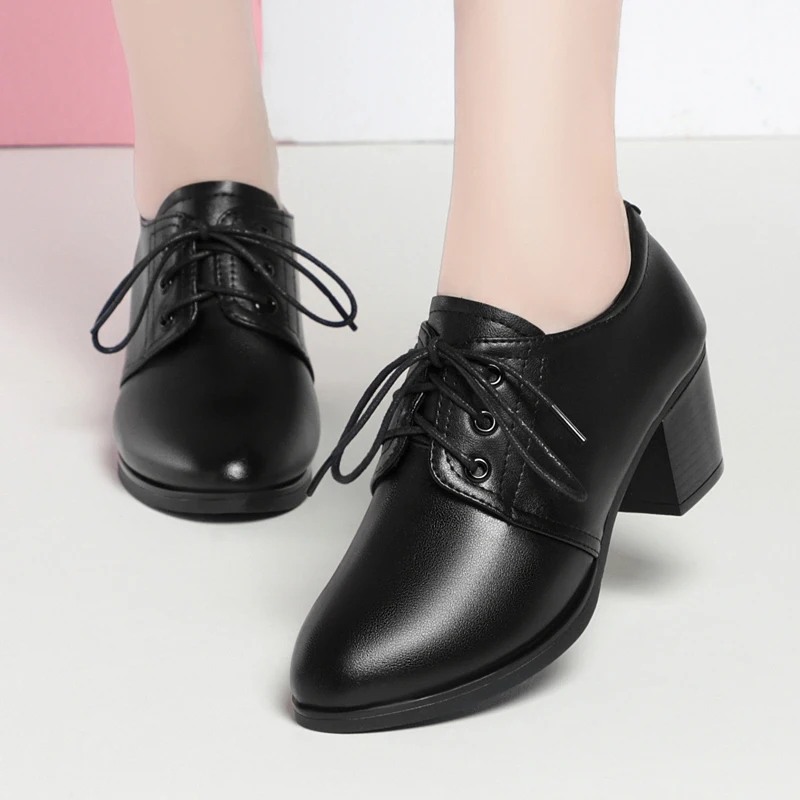 AIYUQI Women Shoes Dress Anti Slip Autumn Genuine Leather Mid Heel Women Shoes Large Lace Up Office Women Shoes
