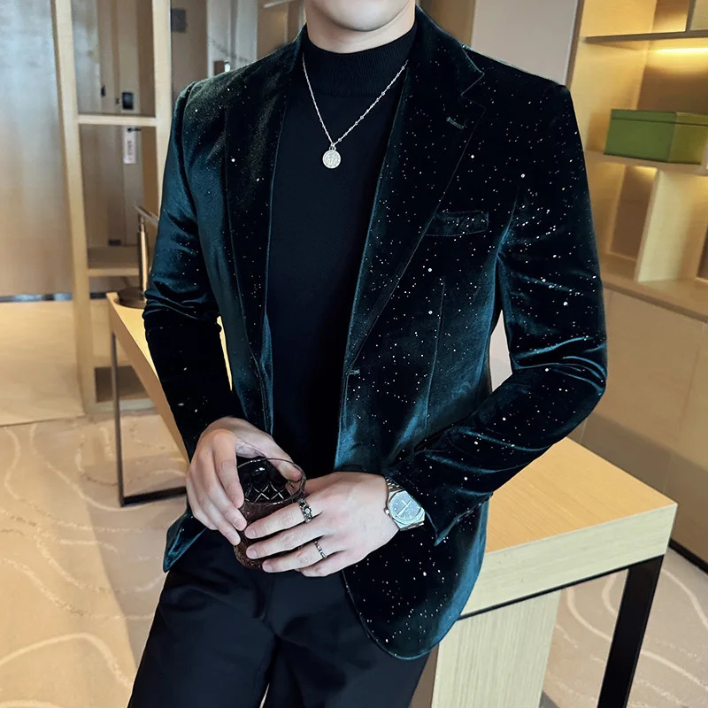 Autumn Velvet Jacket Mens Blazer Business Fashion Stamping Printed Suit Highquality y Dress 241225