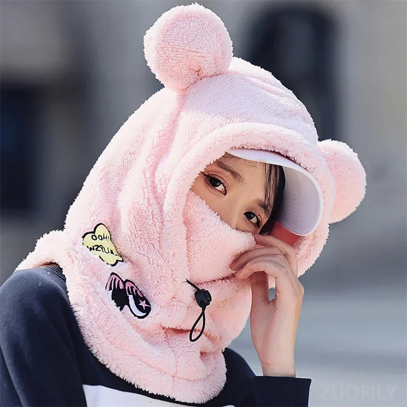 3D Bear Ear Skiing Helmet Cover Panda Skiing Plush Hats Comfortable Soft Wool Winter Outdoors Cute Riding Mask Keep Warm Caps 241225
