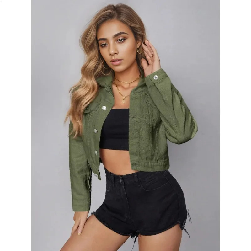 Womens denim jacket coat vintage collar American retro autumn single chest button plain coat cropped jeans cardigan sweater 241219
