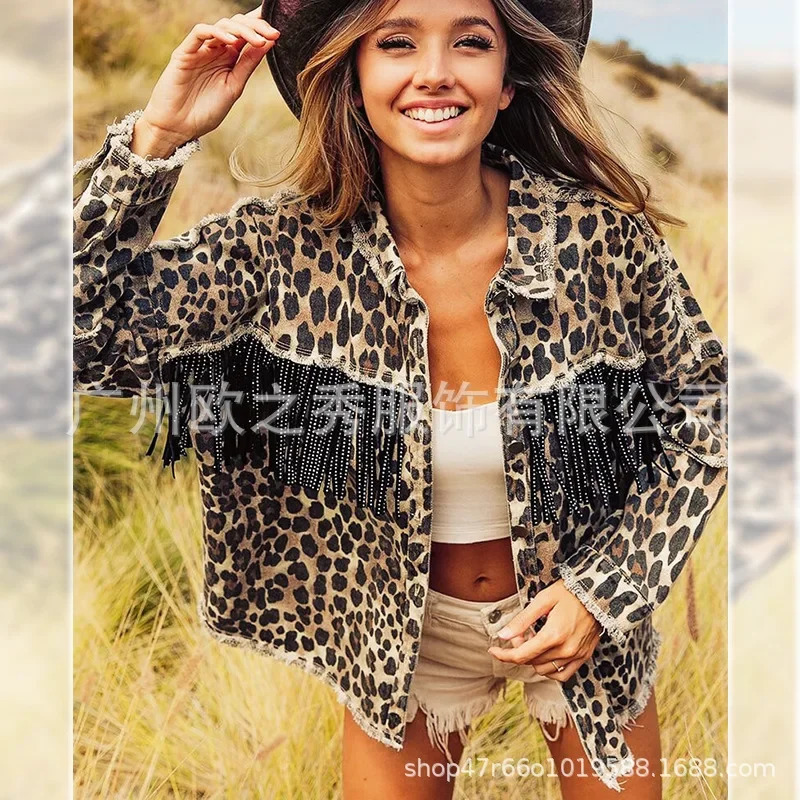 Women Spring Diamonds Beaded Tassels Washed Old Leopard Printed Denim Jacket Fringed Jeans Coat Cow Cardigan Streetwear Tops 241223