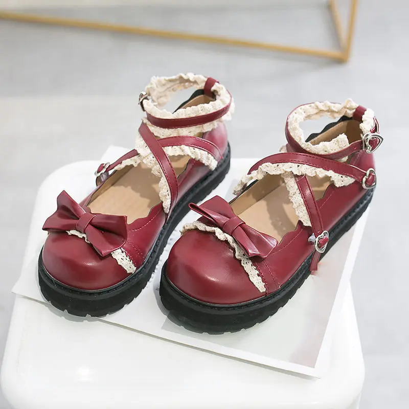 gothic lolita shoes Womens Kawaii red Cosplay shoes with bow Princess Shoes Students girls Lovely Cross Straps Mary Jane Shoes 241225