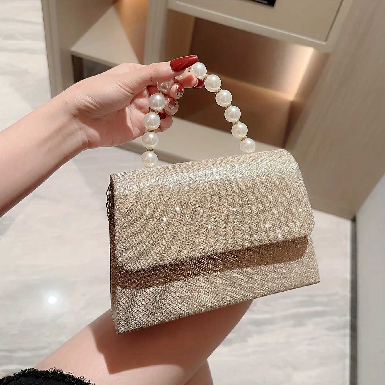 New Style Women Evening Handbag Rhine Purse Bag Square Pearl Handbag Female Shiny Flip Bridal Cluh Bag For WomenXJ250227