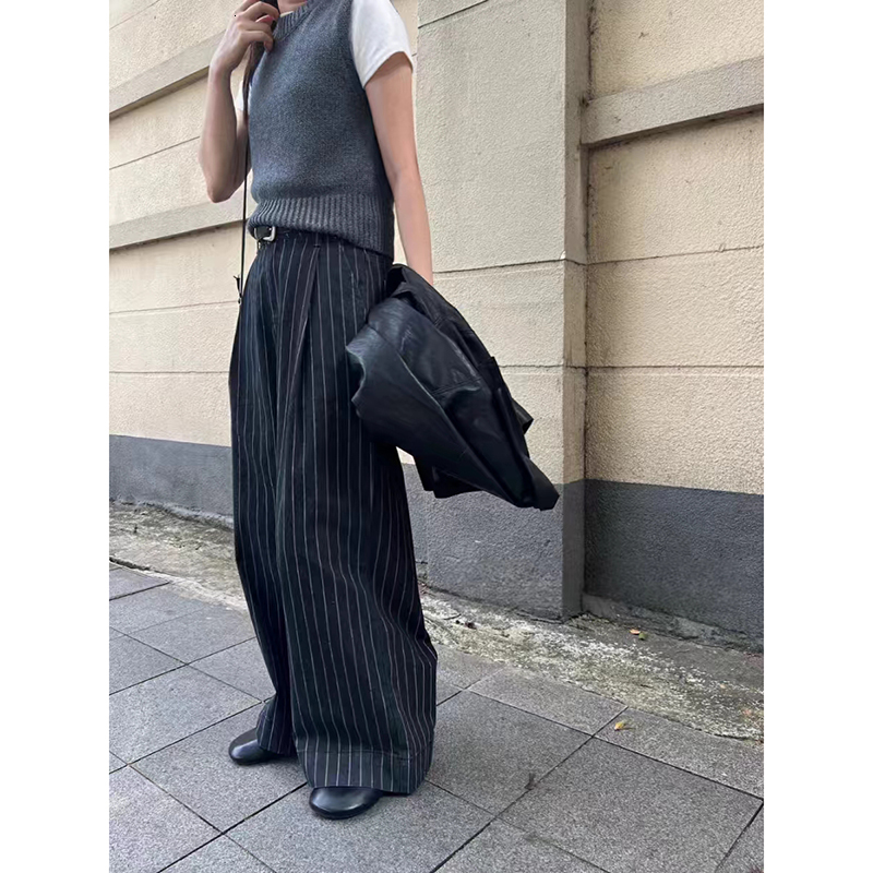 2024 Autumn New Korean Vintage Lady Black Striped Wide Leg Pant For Women High Waist Y2k Straight Loose Female Clothing Fashion