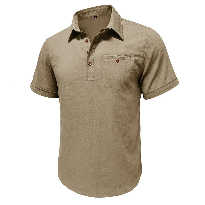 Vintage Cotton Linen Polo Shirts Men Summer Casual Short Sleeve Button Polo Collar Shirt Fashion Mens Clothes Solid Color Tops 241224