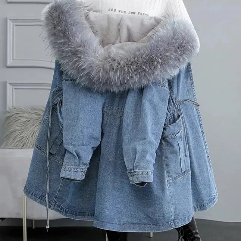 Womens Jeans Coat Winter Denim Coats Thick Wool Denim Jacket Korea Loose Hooded Fur Collar Long Clothes Outerwear Female 241220
