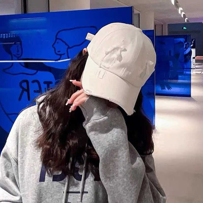 New Distressed Held Womens Baseball Hat Solid Color Pure Cotton Snap Cap Hip Hop Korean Punk Cotton Peaked Hat W241225
