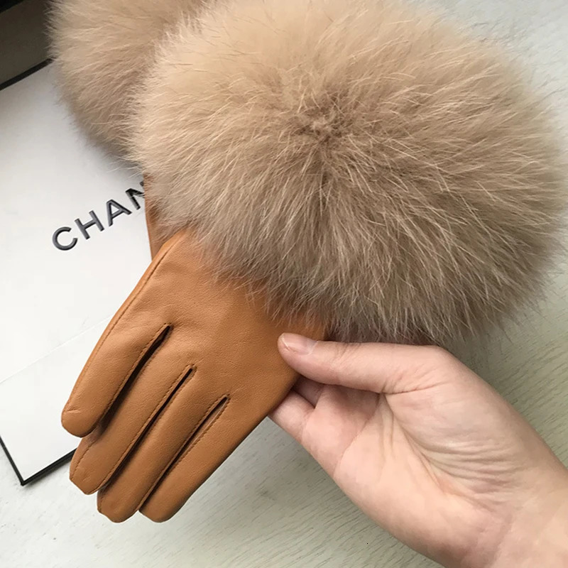 Chic Camel Color Real Big Fox Fur Womens Sheepskin Gloves Winter Plus Velvet Female Cycling Drive Warm Genuine Leather Gloves 241225