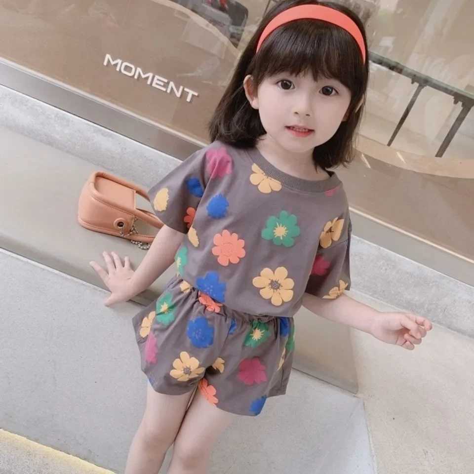 Clothing Sets Baby Girls Flower Print Clothes Set Summer Crew Neck T-shirts and Shorts Suit Children Fashion Top Bottom 2pcs Outfits TracksuitY2412257