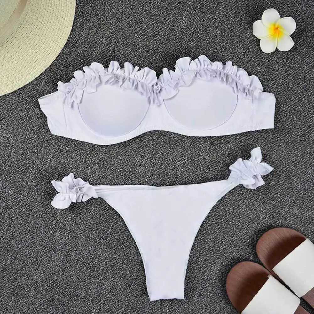 Two piece split swimsuit design with fashionable ruffled trim Bandeau bikini set suitable for women featuring a mid rise split top push up swimsuitW24