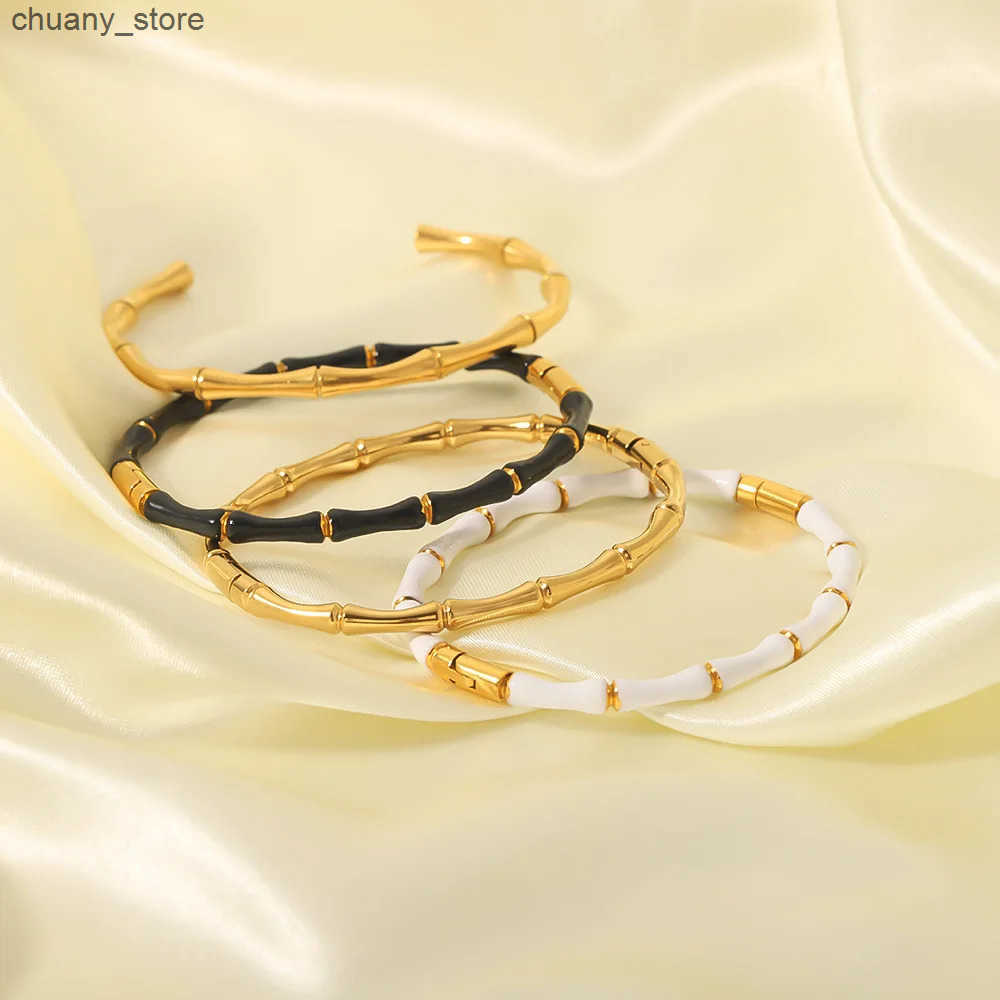 Chain Stylish Skeleton Bangle Gold-Plated Bamboo Bead Enamel Color s for Women Stainless Steel Punk Style Jewelry Party Gift L240910