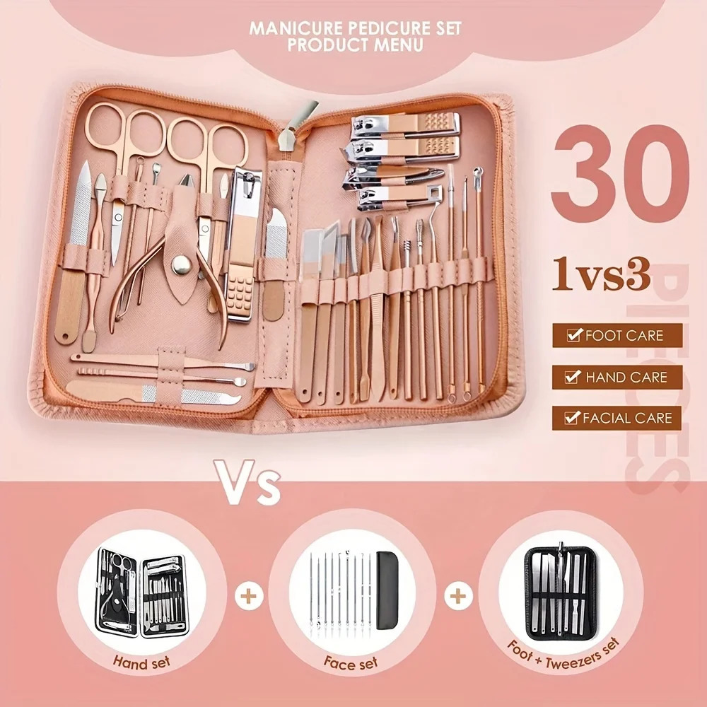 Pink 30 Pcs Manicure Set Professional Nail Clipper Set Stainless Steel Solid Manicure Kit Nail Care Kit With Pink Case Valentine 241225