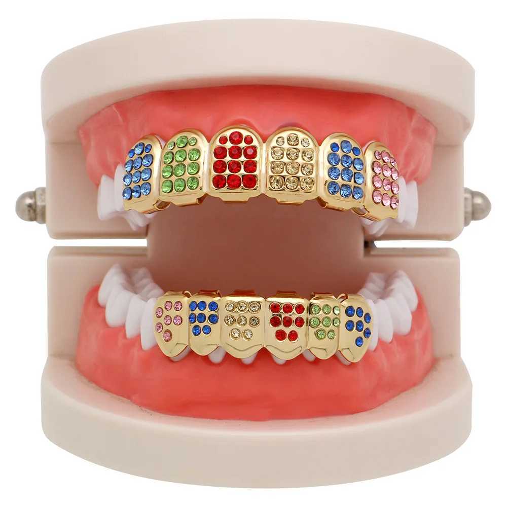 Hip Hop Rper Color Zircon Crystal Shackle Teeth Grills Bottom vampire Dental Braces Gold Color Metal Personality Tooth JewelryXJ241225