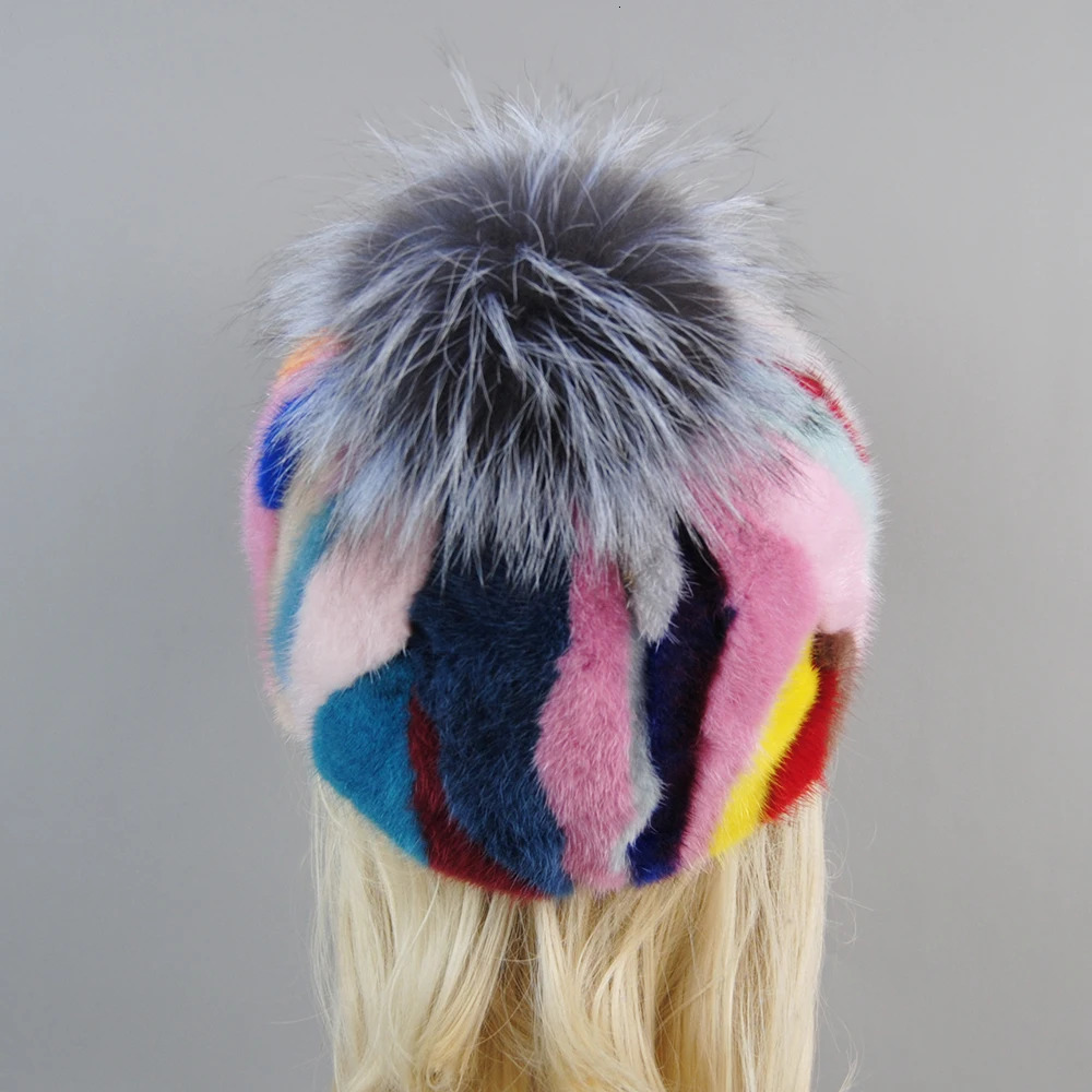 2024 Female Cute Fashion Winter Fox Fur Ball Hat Windproof Colorful Baseball Caps Real Mink Fur Hat Women Thick Warm Russian Cap 241225