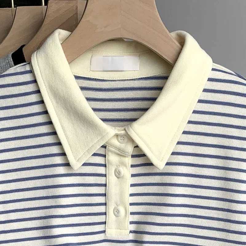 Fashion Simple Casual Versatile Men Polo Shirts Summer New Short Sleeve Lapel Button Contrasting Striped Slim Breathable TopsXJ241225