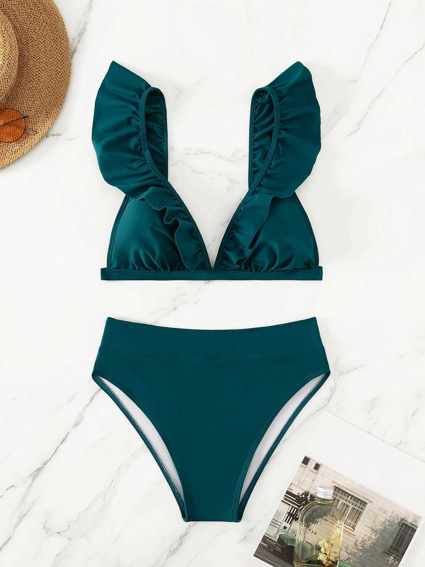Sexy Ruffle V Bra Push Up Bikini Set 2024 Womens Red Ruffle High Waist Swimsuit Summer Swimsuit 2-Piece Swimsuit Beach WearW241225
