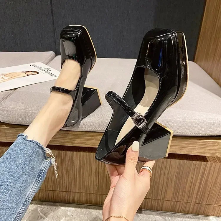 Platform Pumps Womens Square Toe Thick Heels Mary Janes Womens Patent High Heels Party Shoes Square Toe Square Heel 241225