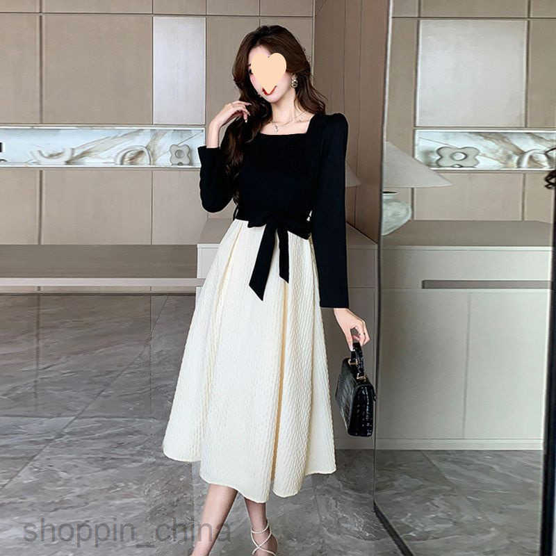 women dresses fashion style contrasting autumn dress for commuting, luxury, niche luxury, elegant and slimming, big skirt display