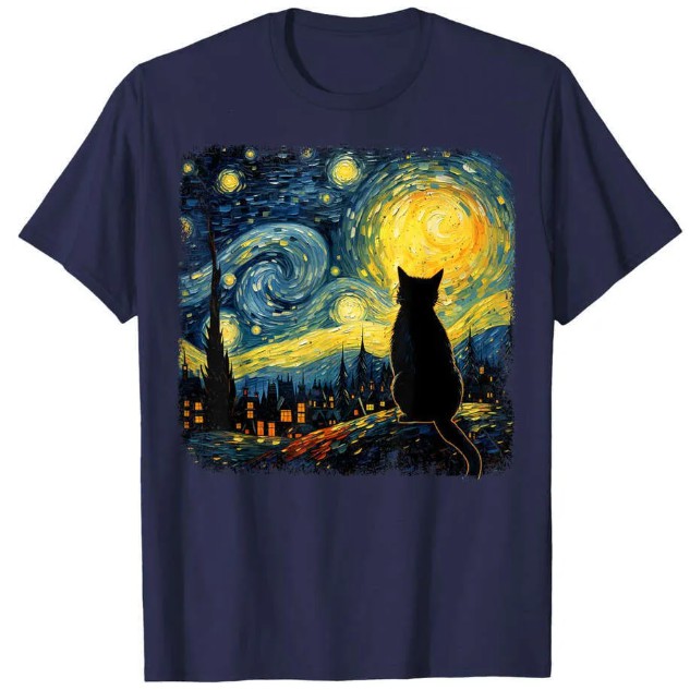 Cat Mom and Dad Van Gogh Artwork Tees - Stylish Designer Tops with Starry Night Cats Design